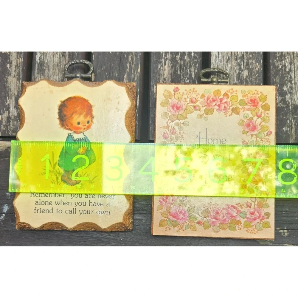 Vintage 1978 Paula-Cutes Mini Wood Wall Plaque Pair Floral & Friend Quote 5